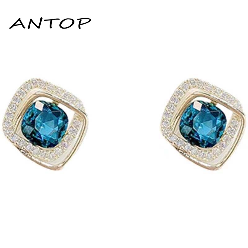 Korea S925 Perak Zirkon Anting-Anting Kristal Biru Ganda Cincin Anting-Anting Wanita Fashion Perhiasan Aksesoris ANTOP