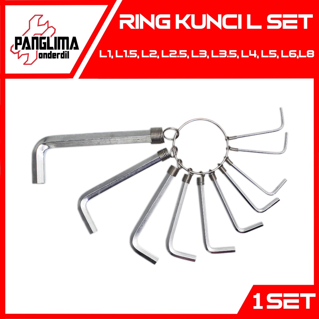 Kunci L Set L1 &amp; L1.5 &amp; L2 &amp; L2.5 &amp; L3 &amp; L3.5 &amp; L4 &amp; L5 &amp; L6 &amp; L8 mm Hex Key Ring