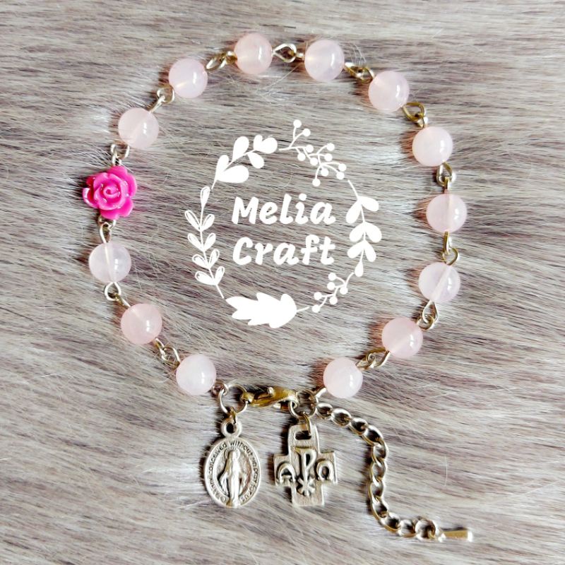 Gelang Rosario Rose Quartz Liontin Alpha Omega & Miracolosa Italy