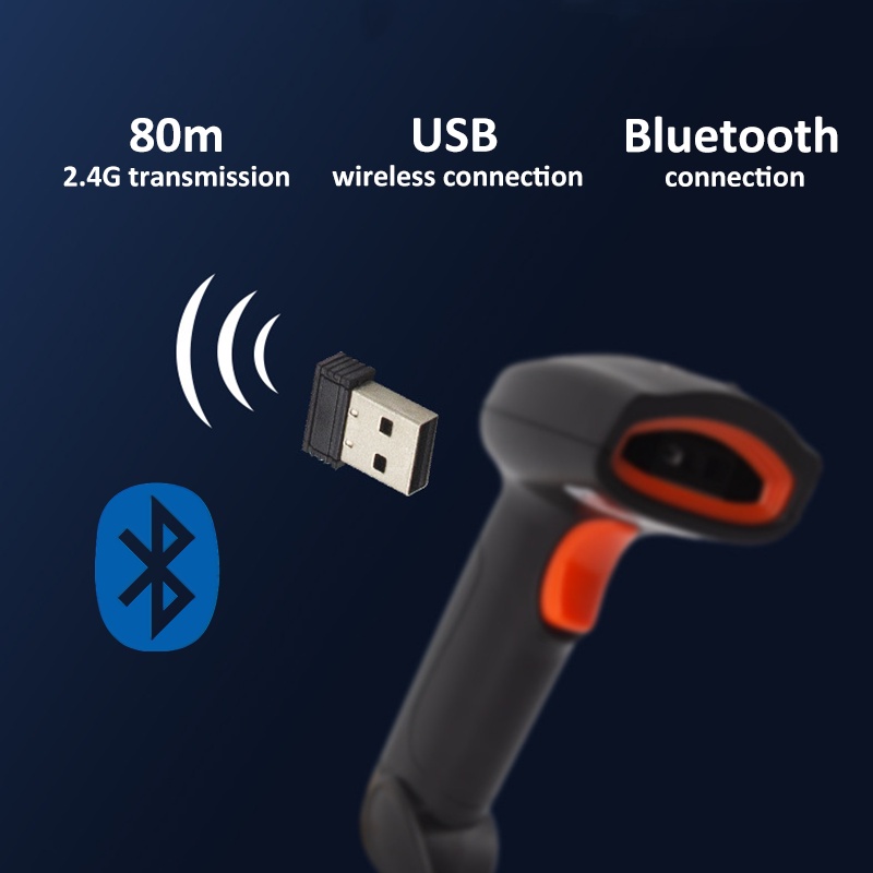 bonkyo 2D Barcode Scanner Laser 2.4G USB Wireless + Bluetooth 80m Connection baterai 2000mAh working 72 jam