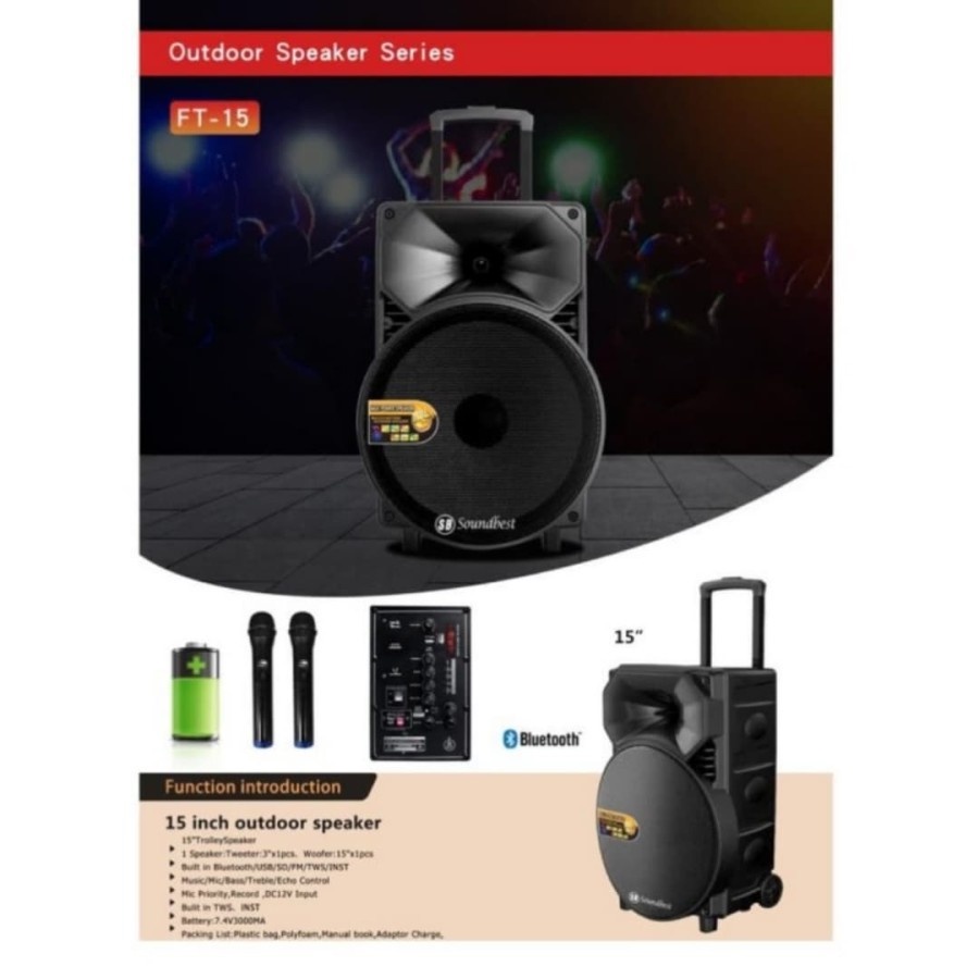 Paket Speaker Portable Wireless Soundbest FT 15 FT15 Original 15 inch Bluetooth FREE ACC stand speaker dan gelang plus busa mic ORIGINAL GARANSI RESMI