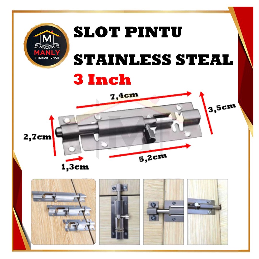 Grendel Slot Pintu Jendela Stainless Steel.. Kualitas Tebal Anti Karat / Kunci Pintu Aman..