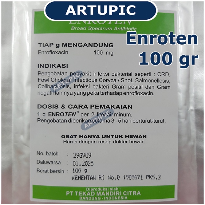 Enroten 100 gr Obat Hewan Flu Batuk Sakit Pencernaan Snot CRD Komplex Pernafasan Unggas ENROFLOXACIN Kelompok Fluoroquinolone ampuh membunuh mikroorganisme penyebab penyakit pada unggas Ecoli Haemophilus Salmonella Pasteurella Streptococcus Staphylococcus