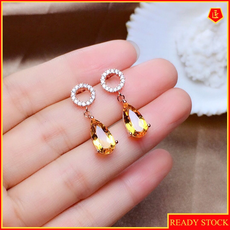 [Ready Stock]New Citrine 925 Silver Colored Gems Stud Earrings