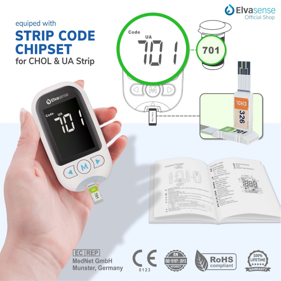 Alat Cek Gula Darah 3in1 Elvasense Alat Cek Kolesterol Asam Urat GCU - Alat Elvasense GCU 3in1 Cek Koleterol Asam Urat Gula Darah