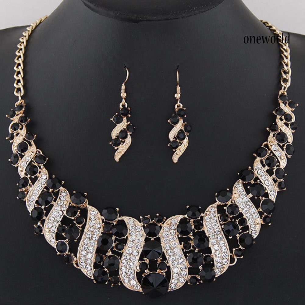 OW@ Rhinestone Inlaid Chain Necklace Hook Earrings Bridal Wedding Party Jewelry Set