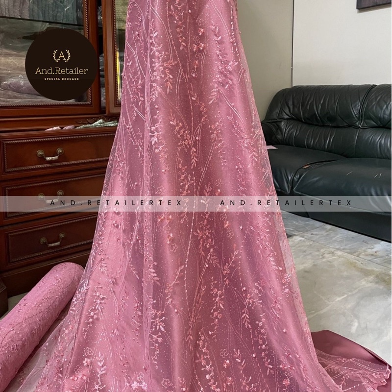 Bahan Brokat Akar Tile Mutiara Mahogany Glitter Warna Dusty Pink