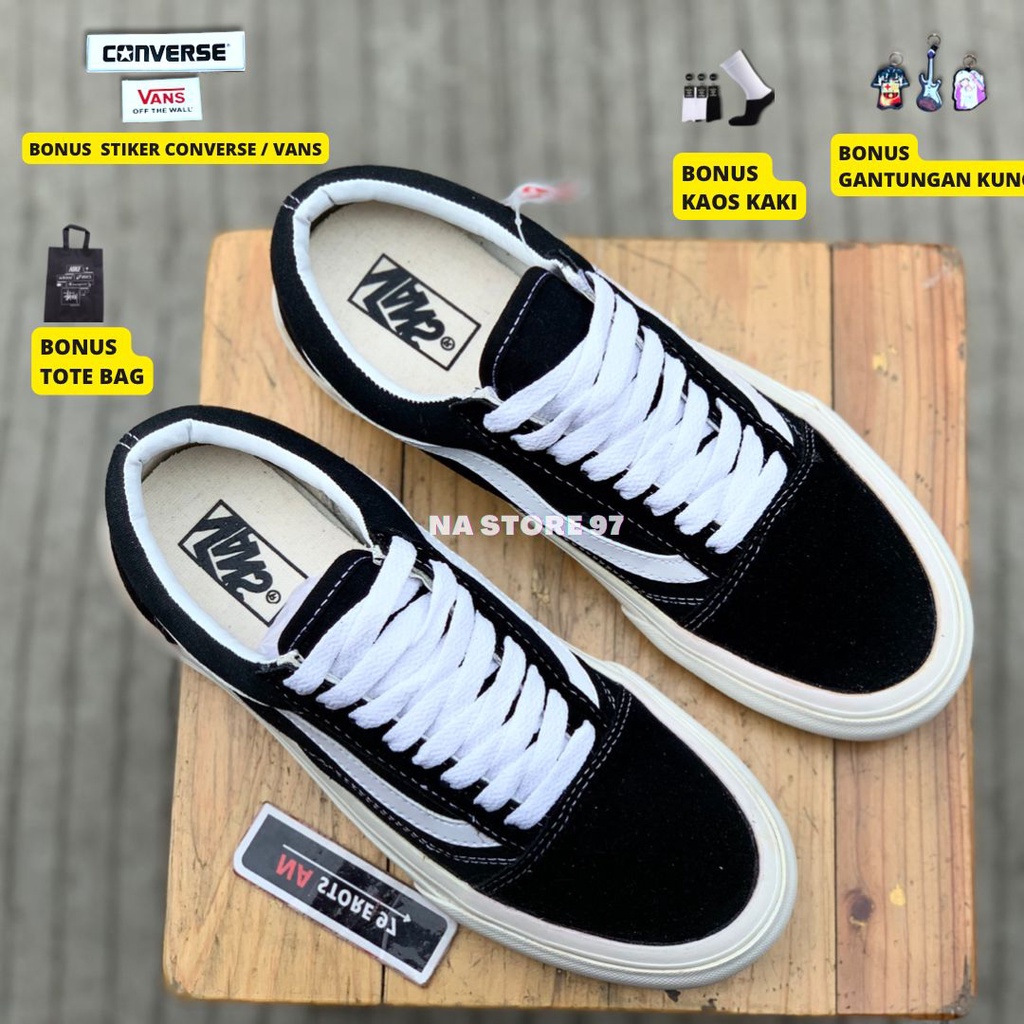 (GRATIS KAOS KAKI &amp; STIKER) Vans Oldskool OG Premium Quality Black White Sepatu Sekolah