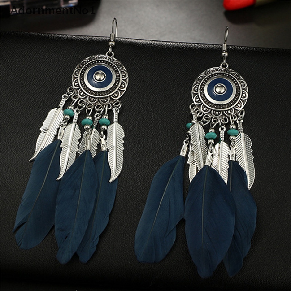 (AdornmentNo1) Anting Gantung Panjang Kait Gaya Bohemia Motif Bulu + Rumbai Untuk Perhiasan Wanita