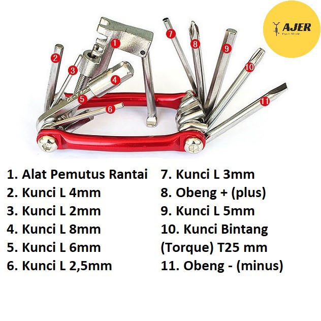 Kunci alat Multi tool kit Sepeda 11 in 1 ALLOY Portable set L lipat Pemotong Rantai Obeng Bintang