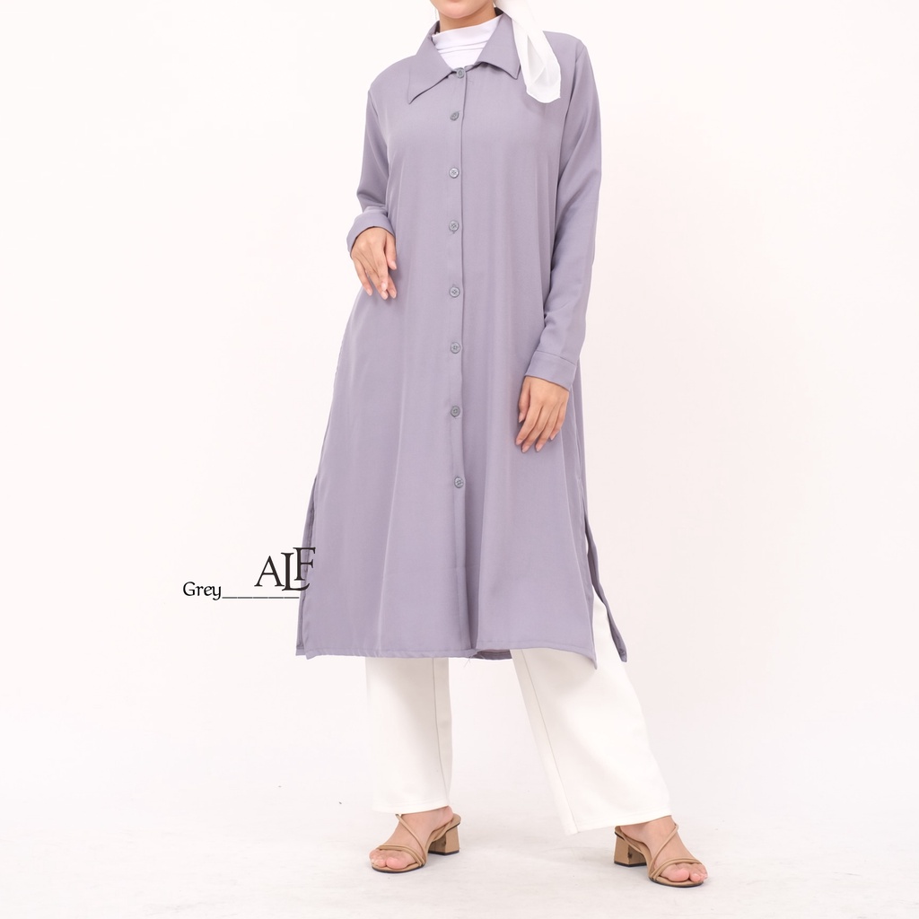 Messi Long Tunik Grey by Alfaina / Basic Tunic Kemeja Warna Abu - Abu Wanita