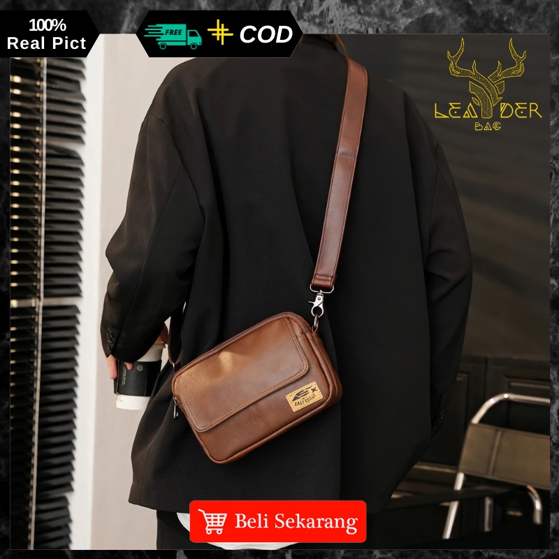 Tas Selempang Kerja Kulit Pria Import Original Model Terbaru Warna Coklat Waterproof | Tas Kecil Slingbag Messenger Kulit Cowok Ori Distro Keren Anti Air 2022 PAULSKY B63