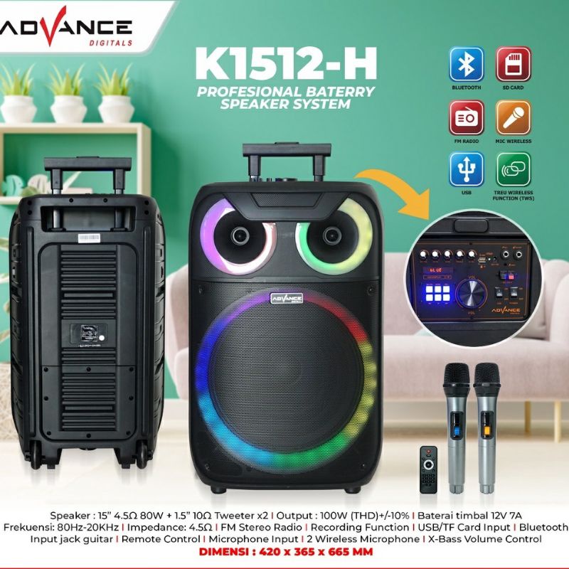 Advance K1512 Speaker Portable 15 inch 2 Mikrofon Wireless