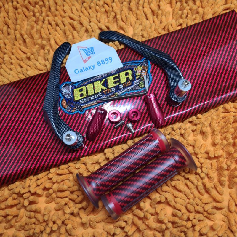 Kulit Jok Karbon Bikers+Proguard Karbon CNC+Handgrip Karbon Merah