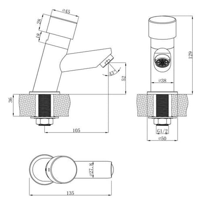 KRAN WASTAFEL PUSH POP UP OTOMATIS Self Stop Basin Tap WASSER TBA-S035