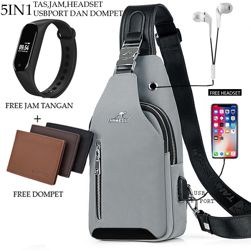 TANMESSO 5in1 BAYAR DITEMPAT- JAM LED -HEADSET- DOMPET -USBPORT -TAS WATERPROOF-BAHAN INTERPILAR SENDIRI LEMBUT DAN TEBAL MENGANDUNG 70%COTTON BUKAN PARASUT ATAU KANVAS SEPERTI YANG BEREDAR DIPASARAN-TAS SELEMPANG PRIA-SLING BAG PRIA