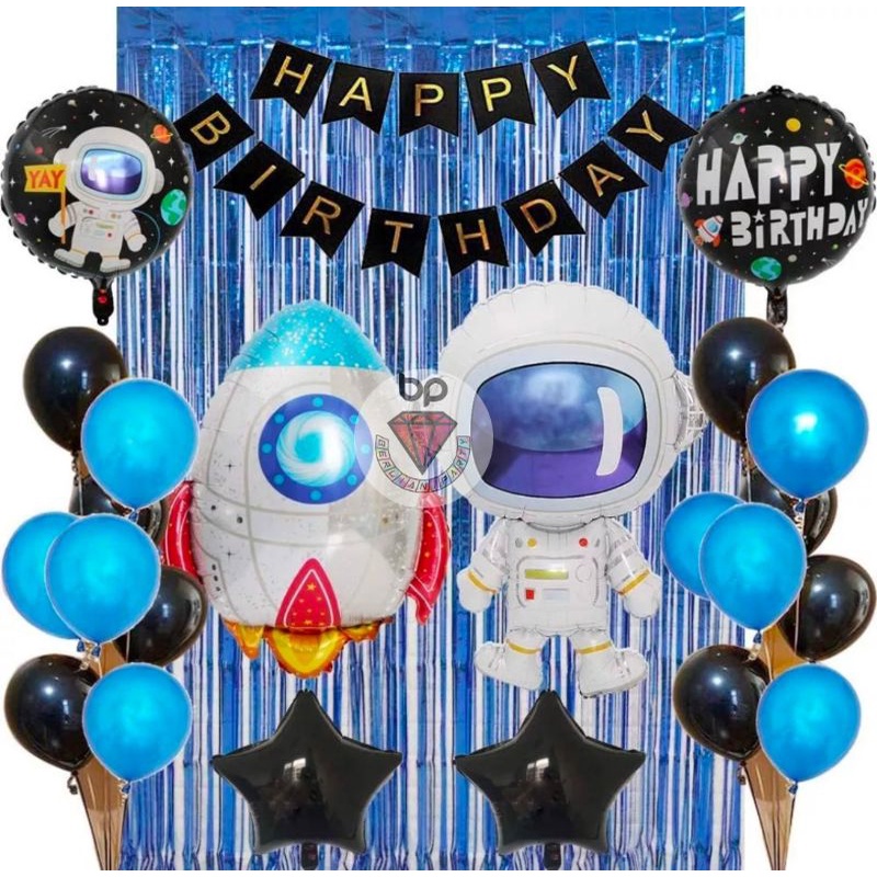 Paket Dekorasi Balon Set Ulang Tahun Astronot Tirai Foil 03