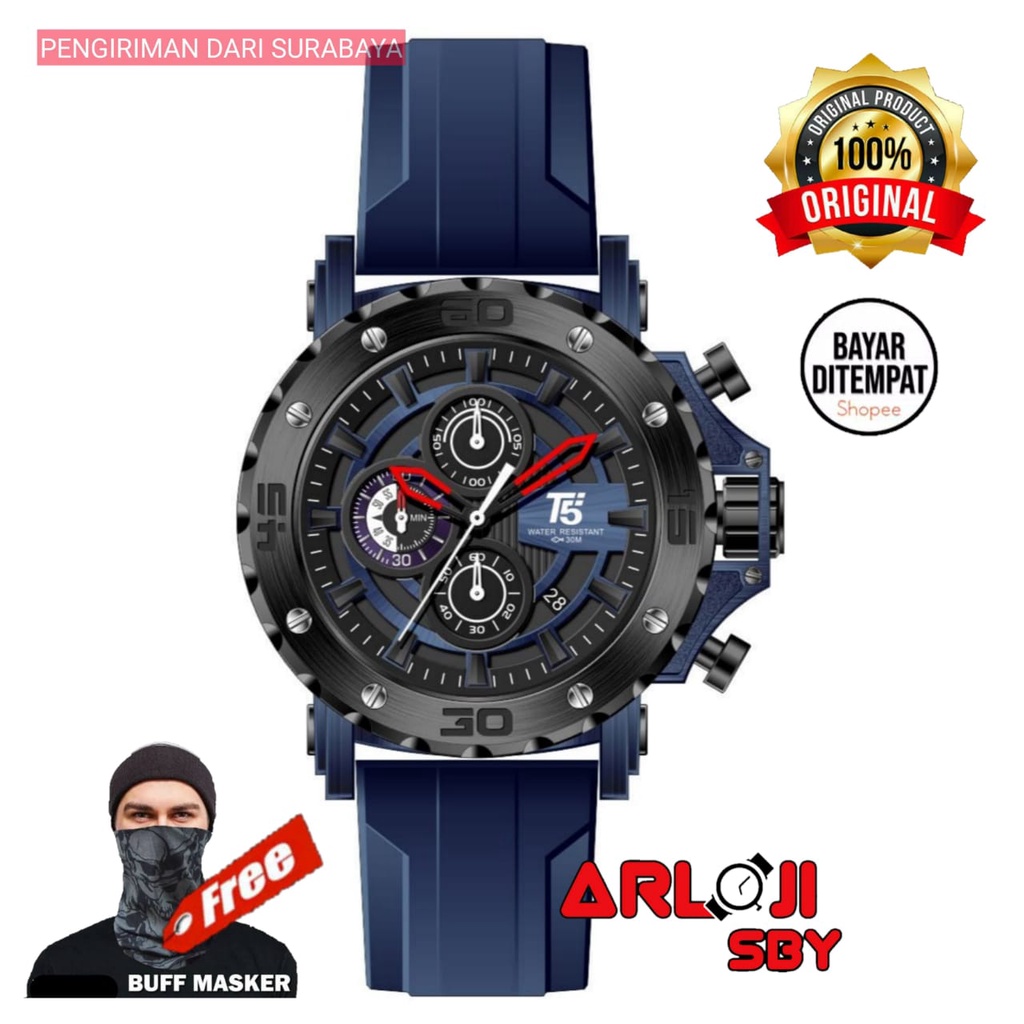 JAM TANGAN PRIA T5 H 3865 ORIGINAL TAHAN AIR 3 ATM CHRONOGRAPH RED RUBBER STRAP FREE BOX PAPPER BAG