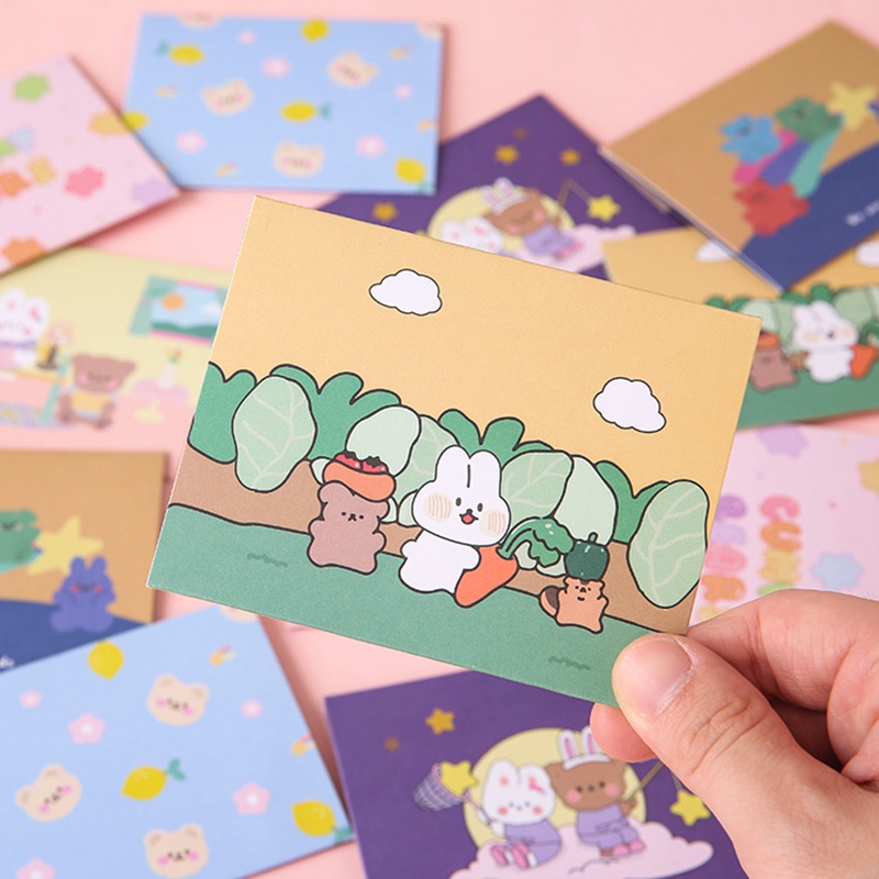 6 Pcs Cartoon Bear&amp;Bunny Series Greeting Cards Foldable Holiday Wishes Envelope Card Set