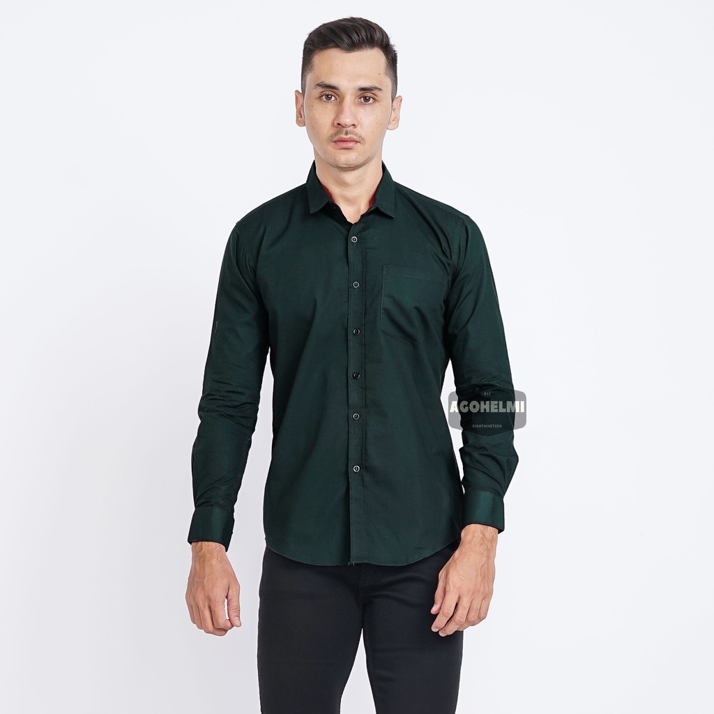 Kemeja Pria Lengan Panjang Hijau Tua Dark Green Hijau Botol Slimfit Casual Kemeja Kerja Kemeja Polos