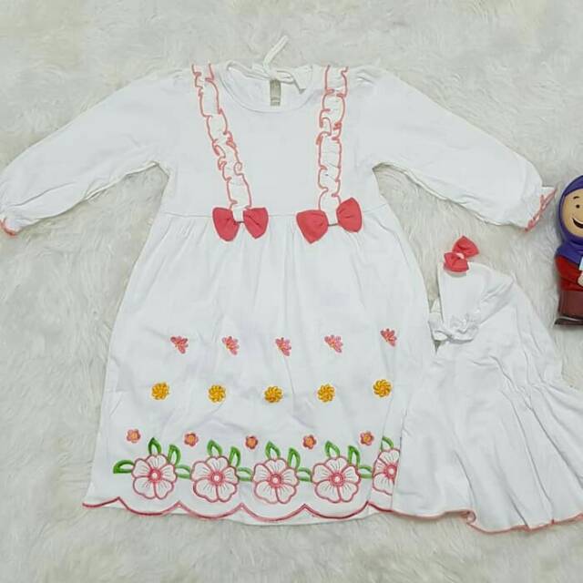 Gamis Anak Perempuan Putih Bordir Bunga Set Jilbab
