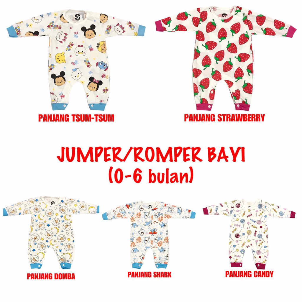 (1 KG MUAT 17 PCS) JUMPER / ROMPER /BAJU PANJANG KODOK BAYI/ANAK BAHAN KAOS KATUN COMBED 0-6 bulan