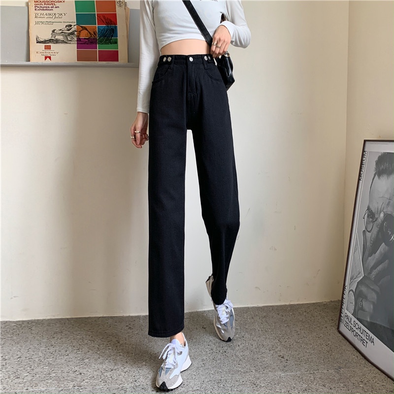 High Waist Celana Jeans Panjang wanita denim straight pants Korean style