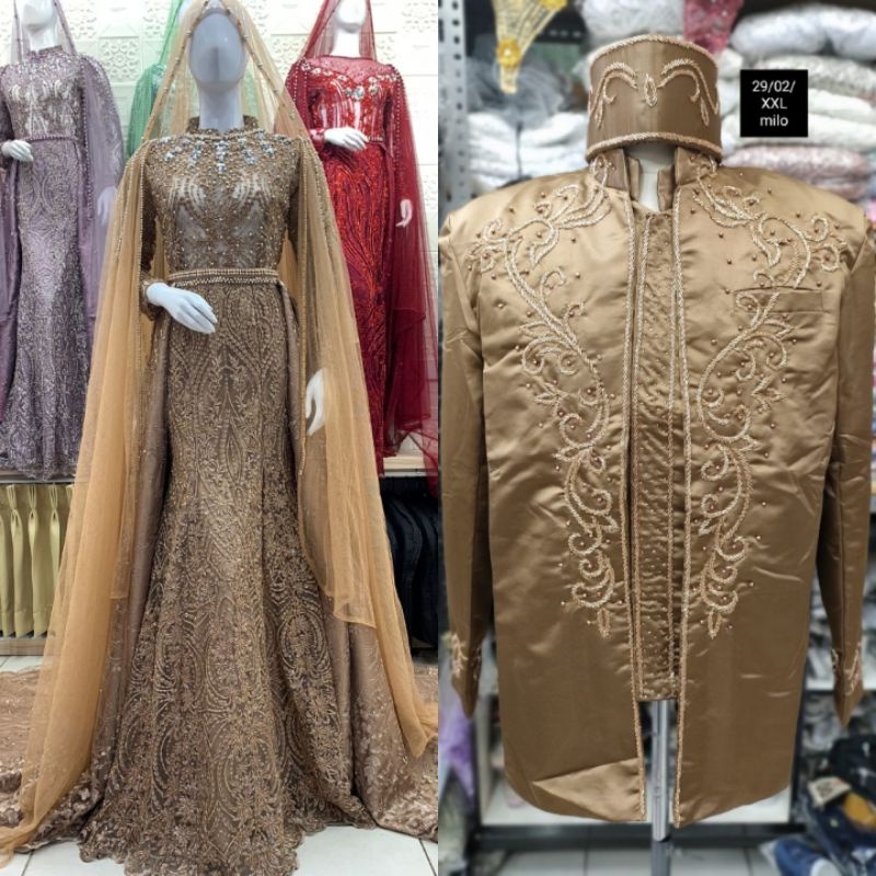 CAUPLE GAUN  PENGANTEN JUBAH MEWAH//GAUN SLIM DRESS/GAUN PASANGAN DESAINS TERBARU