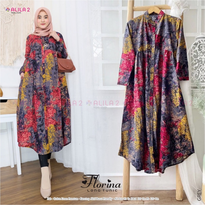 FLORINA LONG TUNIC MOTIF ABSTRAK KATUN LINEN ORI BY ALILA | TUNIK ABSTRAK | TUNIK KATUN