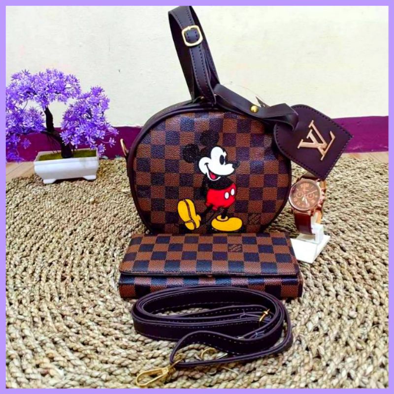 Tas jinjing bulet / selempang / tas batam Mickey paketan 3in1 tas dompet jam