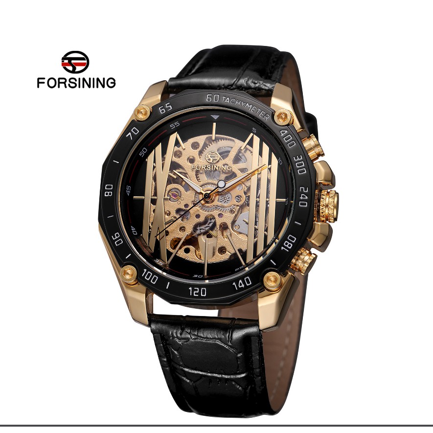 

FORSINING Jam Tangan Sport Casual Dial Emas Transparan Strap Kulit