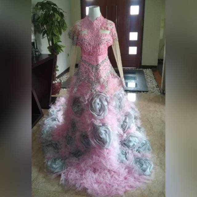 kebaya modern  pengantin baju pesta pernikahan wanita gaun barbie princess gown pra wed pink