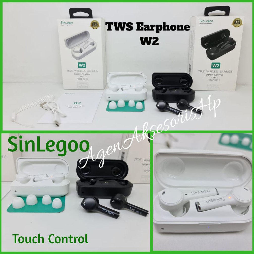 SinLegoo W2 TWS Earphone TW-2 Smart Control Deep Bass Bluetooth 5.0 Touch Control GARANSI 1 TAHUN