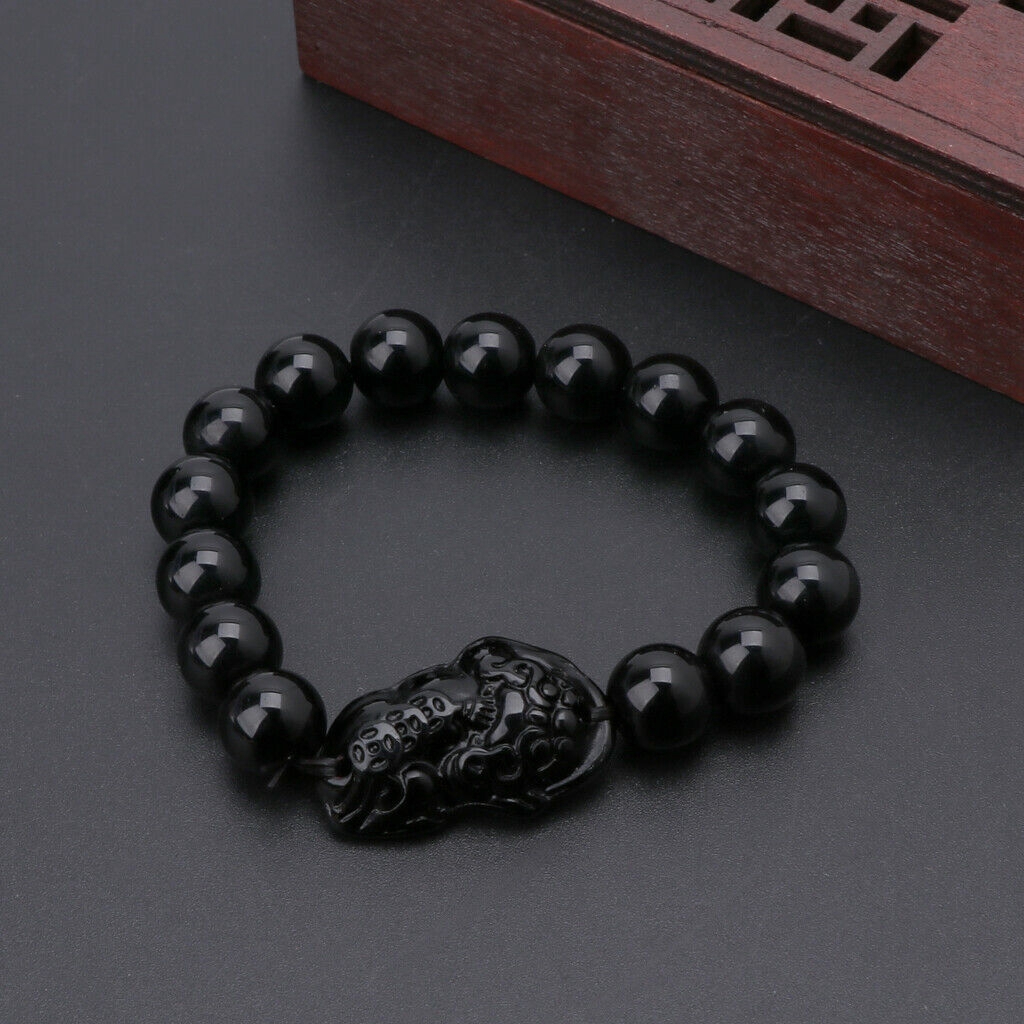 Gelang Manik-Manik Batu Obsidian Feng Shui Warna Hitam Emas Gaya China Untuk Unisex