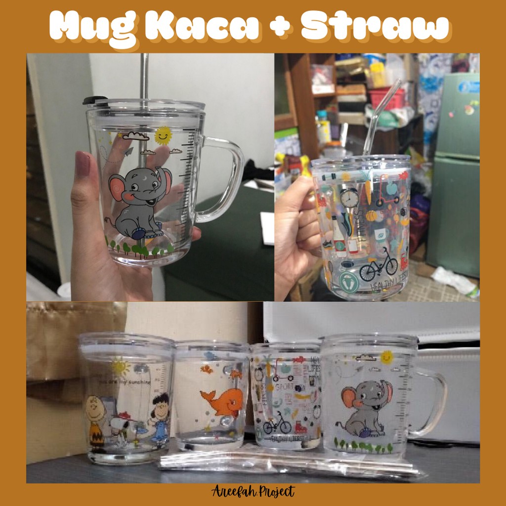 Mug Kaca Karakter/Gelas Kaca Karakter/Gelas Kaca Gagangan+Sedotan/Straw Lucu 350ml