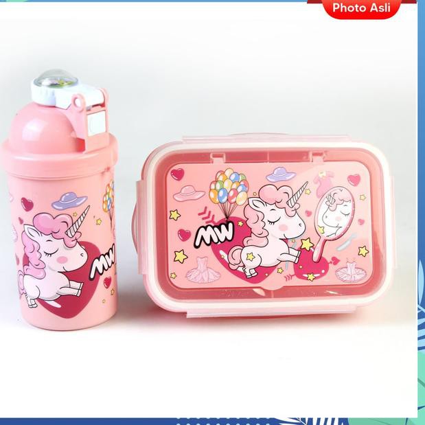 ☀ KOTAK MAKAN ANAK 1 SET BOTOL MINUM DAN KOTAK MAKAN FOOD GRADE - Biru ←