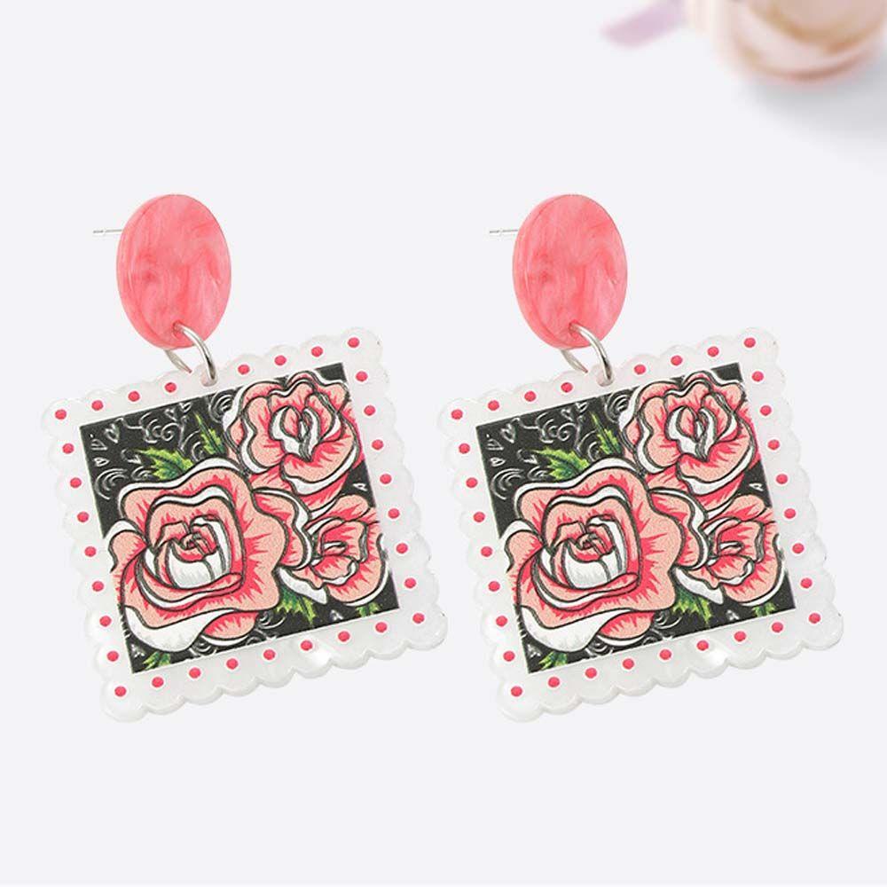 NEEDWAY Anting Bunga Manis Berlebihan Merah Muda Motif Graffiti Perhiasan Telinga Mawar Anting Menjuntai