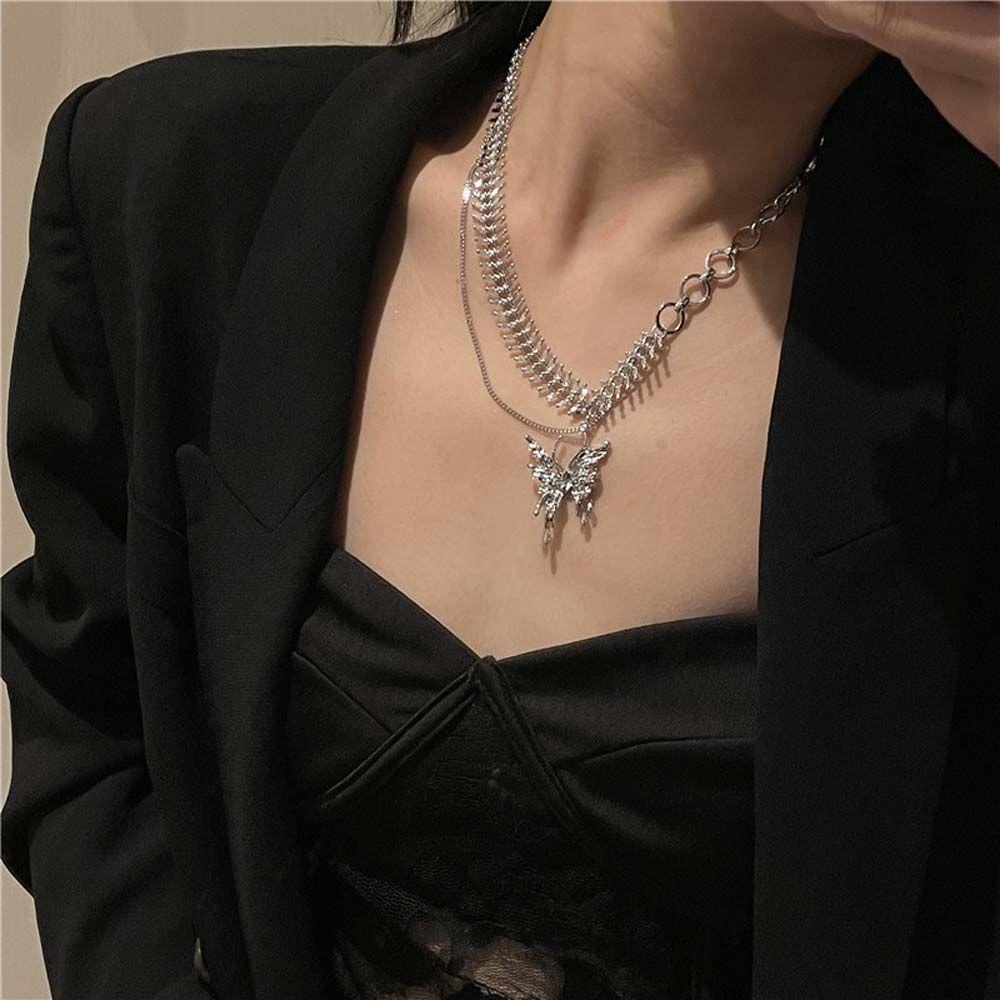 NEEDWAY Wanita Kalung Hadiah Adjustable Rantai Klavikula Pacar Rantai Leher Logam Tulang Selangka Choker Liontin Kupu-Kupu