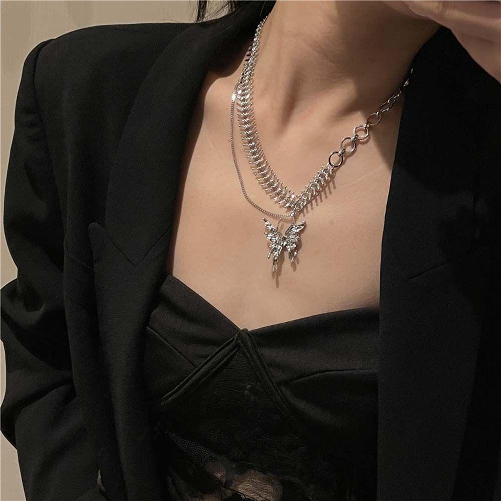 NEEDWAY Wanita Kalung Hadiah Adjustable Rantai Klavikula Pacar Rantai Leher Logam Tulang Selangka Choker Liontin Kupu-Kupu