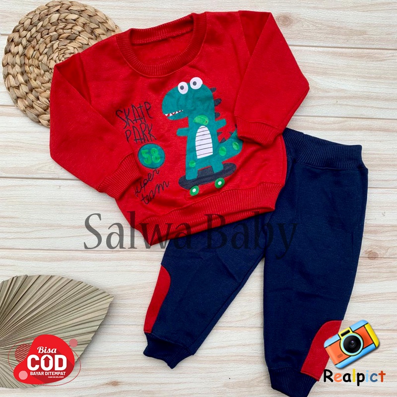 Setelan Baju Bayi Setelan Sweater Bayi Joger Bayi Bahan Pleece Karaketr Dino Usia 3-12 Bulan Almeera Baby and Kids