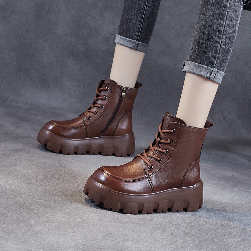 Sepatu Boot Martin Asli Kulit Retro Coklat Sepatu Bot Wanita      Martin Boots Wanita  Inggris Tebal