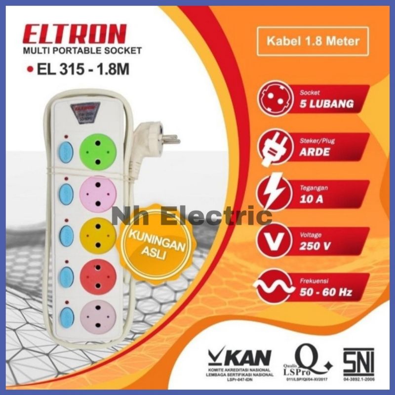 S/k 5L + Cabel Arde (1,8 Meter) Eltron - Stop Kontak 5 Lubang Arde On/Off (1,8 Mtr) Eltron - Stop Kontak 5L + Kabel Arde (1.8 M) Eltron