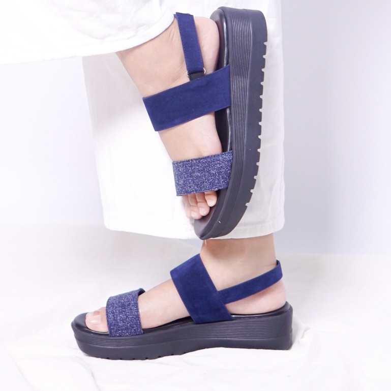 LAPEPA YUK -  Sepatu Sandal Wanita Wedges GHEA Model Ban dua Tali Strap belakang Hak Tinggi Sole 4 cm Spatu Sendal Gunung Cewek  Size 36 37 38 39 40 Warna NAVY  Biru Dongker Cewe Kekinian Premium Terbaru Shoes Ori Original Mall Official Store Promo