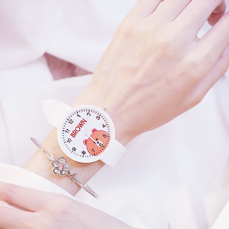 JAM GUIN STORE Jam Tangan Quartz Analog Dial Bulat Anti-Air + Strap Silikon Jelly Motif Beruang