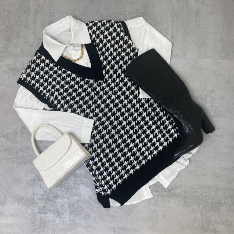 rompi Houndstooth Vest / JENNIE Rajut VEST WANITA KOREA