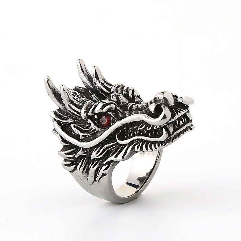 Cincin Desain Kepala Naga Warna Silver Abu-Abu Untuk Pria