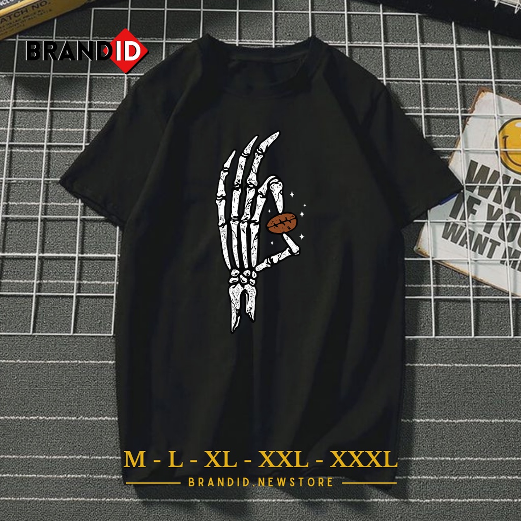 DTF010 Baju Kaos Pria Dewasa Motif Skull Hand With Coffee T-Shirt Distro Cowok Pecinta Kopi Branded 