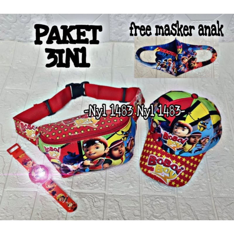 PAKET MURAH 3IN1 TAS SELEMPANG WAISTBAG ANAK KARAKTER KARTUN FREE JAM DAN TOPI ANAK ( REAL PICT)