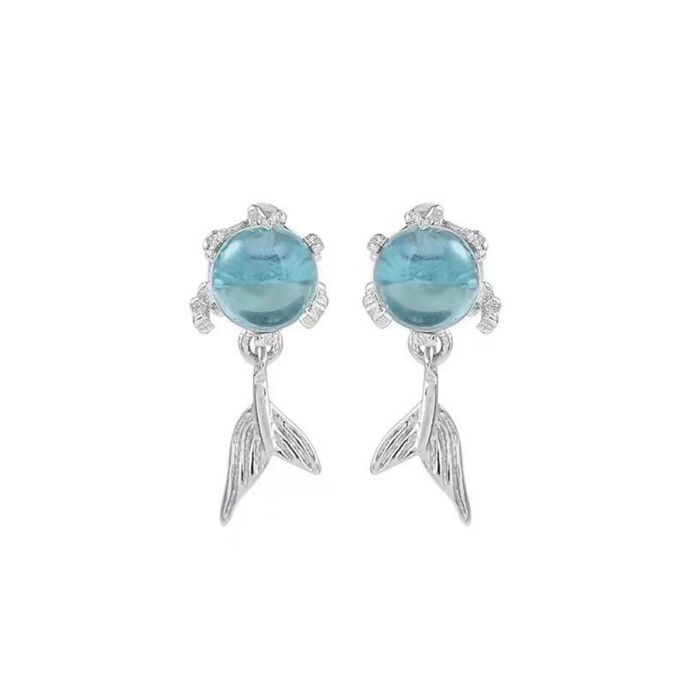 Anting Stud Silver S925 Bentuk Ekor Mermaid Aquamarine Warna Biru Gaya Korea Untuk Wanita