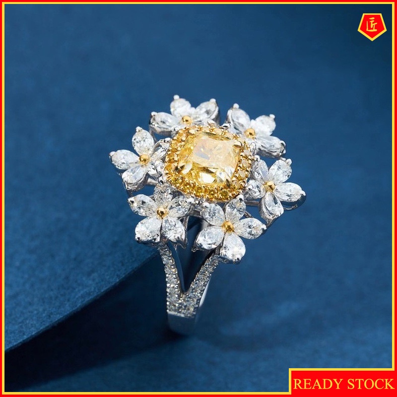 [Ready Stock]Light Luxury Yellow Diamond Flower Ring